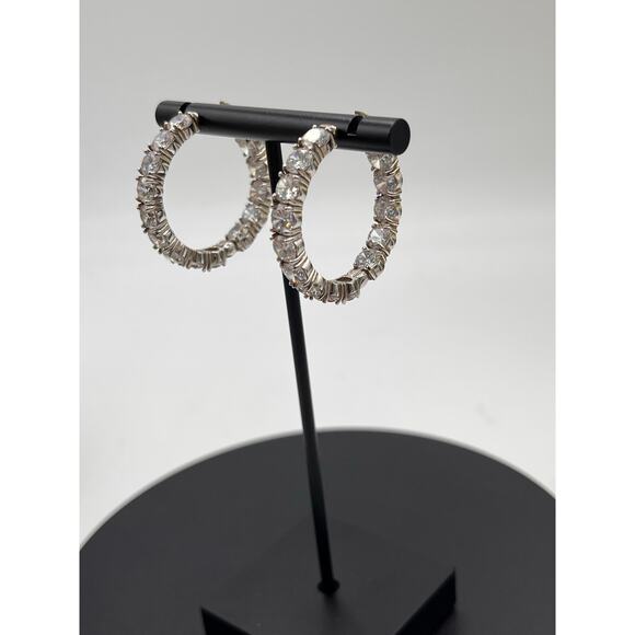 SD Signed Sterling Silver CZ In & Out Huggie Hinged Hoop Round Earrings - Picture 7 of 14